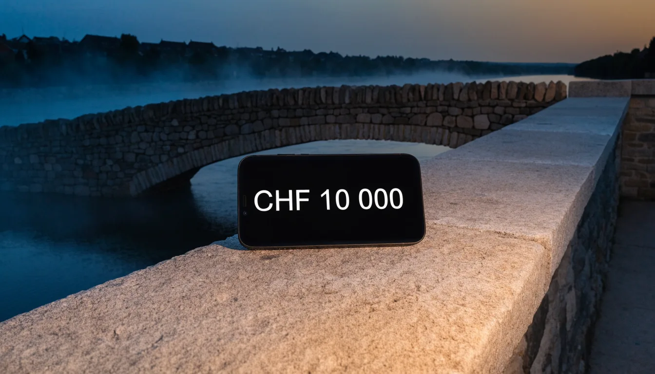 Eine Steinbrücke spannt sich in der Dämmerung über einen Fluss, auf dem Wasser liegt leichter Nebel.
