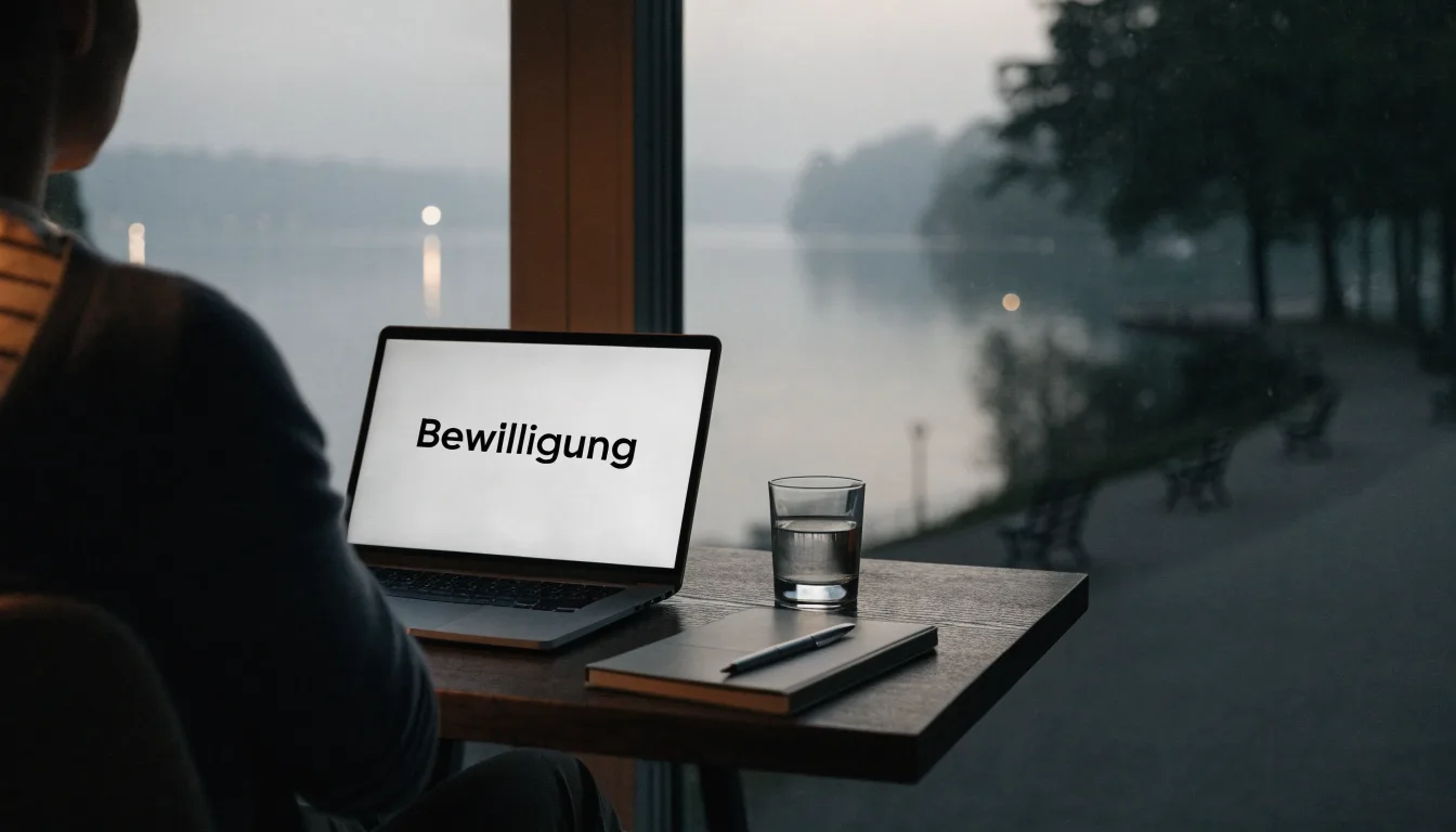 Eine Seepromenade mit leeren Bänken an einem nebligen Morgen, im Wasser spiegeln sich die Lichter der Uferlaternen.