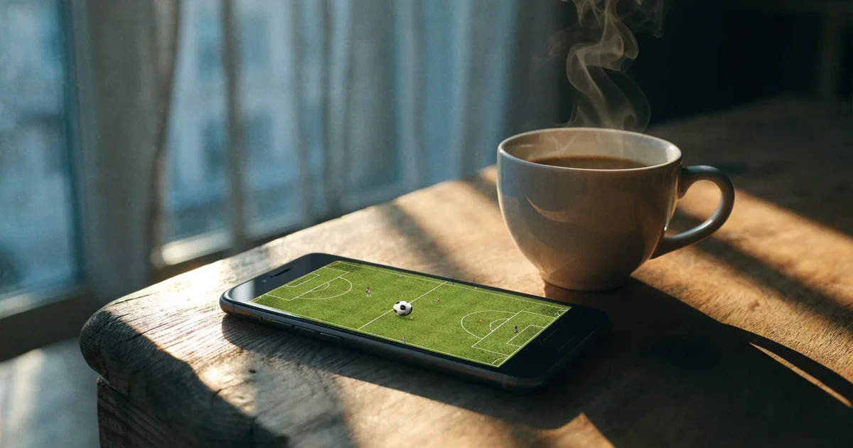 Ein Smartphone mit dunklem Display liegt auf einem Holztisch neben einer Kaffeetasse, durch das Fenster fällt warmes Abendlicht.