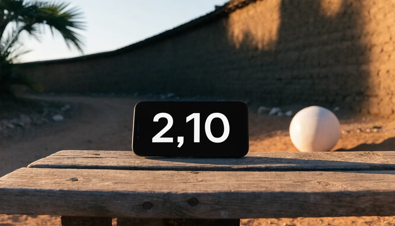 Ein Fussball liegt auf rotbraunem Sand am Rand eines Dorfes, die Abendsonne wirft lange Schatten.