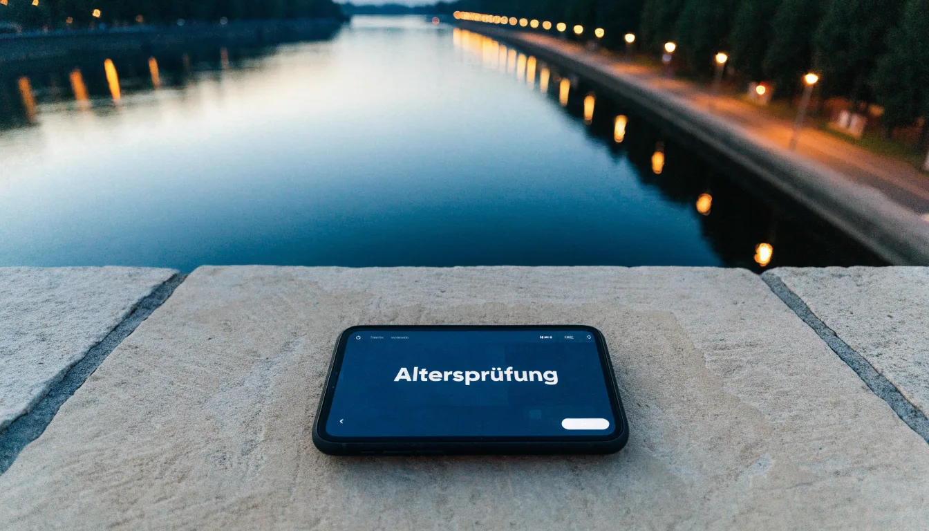 Eine Rheinpromenade mit hohen Bäumen am Abend, das Wasser spiegelt das Licht der ersten Laternen.