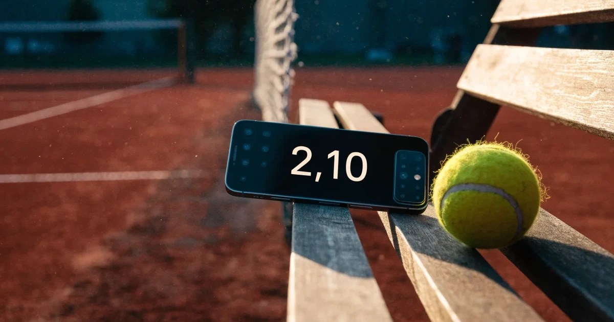 Ein Tennisnetz in Nahaufnahme im Gegenlicht der tiefstehenden Sonne, feine Staubkörner schweben über dem Platz.