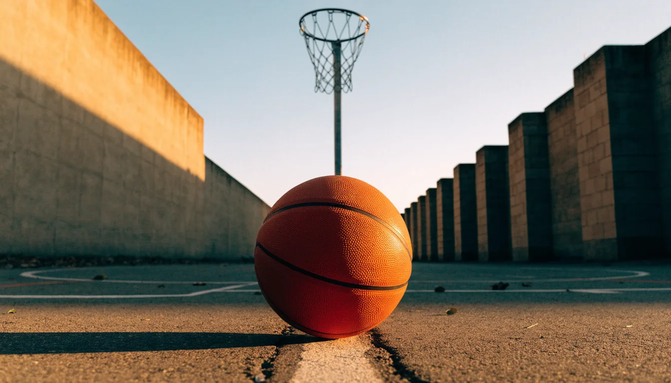 Ein Basketball liegt auf einem Asphaltplatz in einem Hinterhof zwischen Wohnblöcken, das Abendlicht färbt die Wände warm.