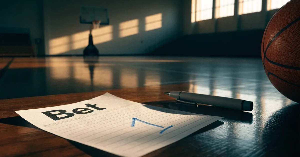 Ein Basketballkorb mit Netz in einer leeren Halle, Licht fällt von hohen Fenstern auf den glänzenden Parkettboden.