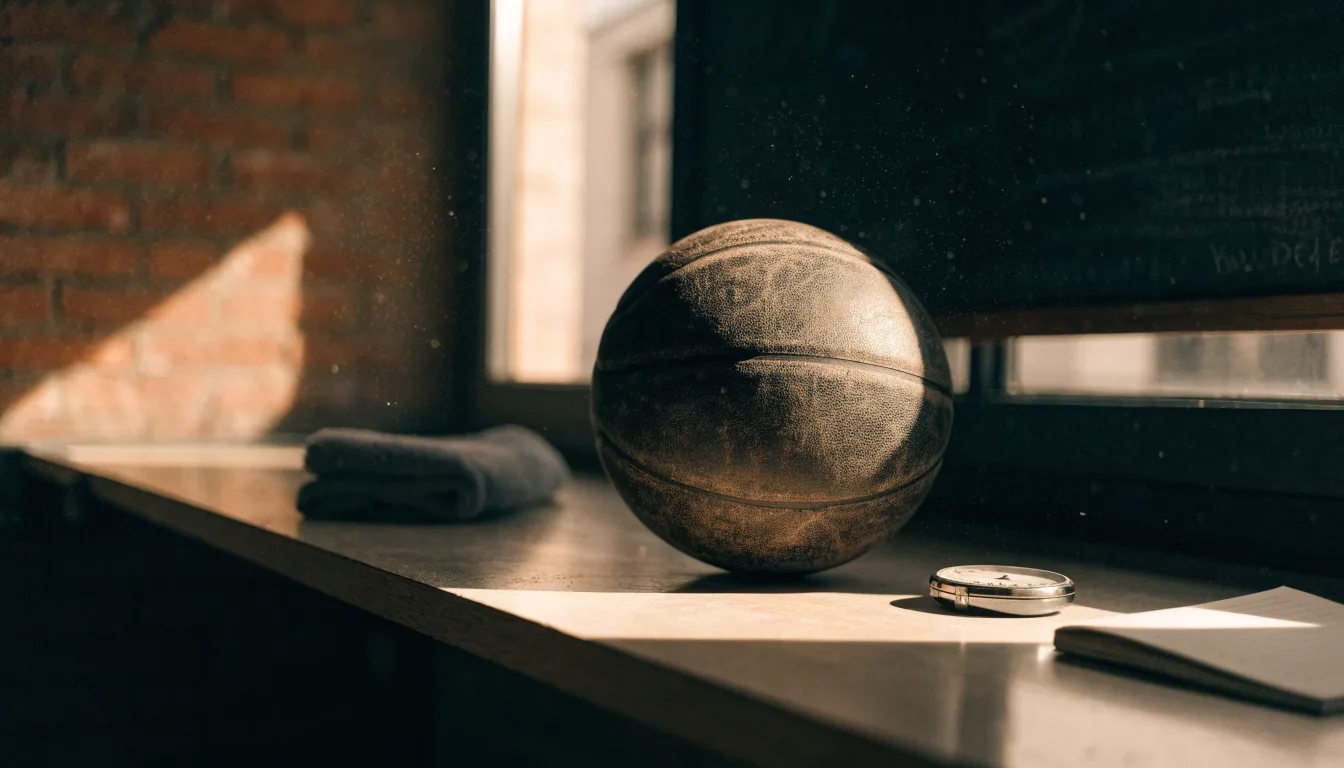 Ein abgenutzter Lederball liegt auf einem Holzregal in einem Vereinsraum, ein Sonnenstrahl macht den Staub sichtbar.