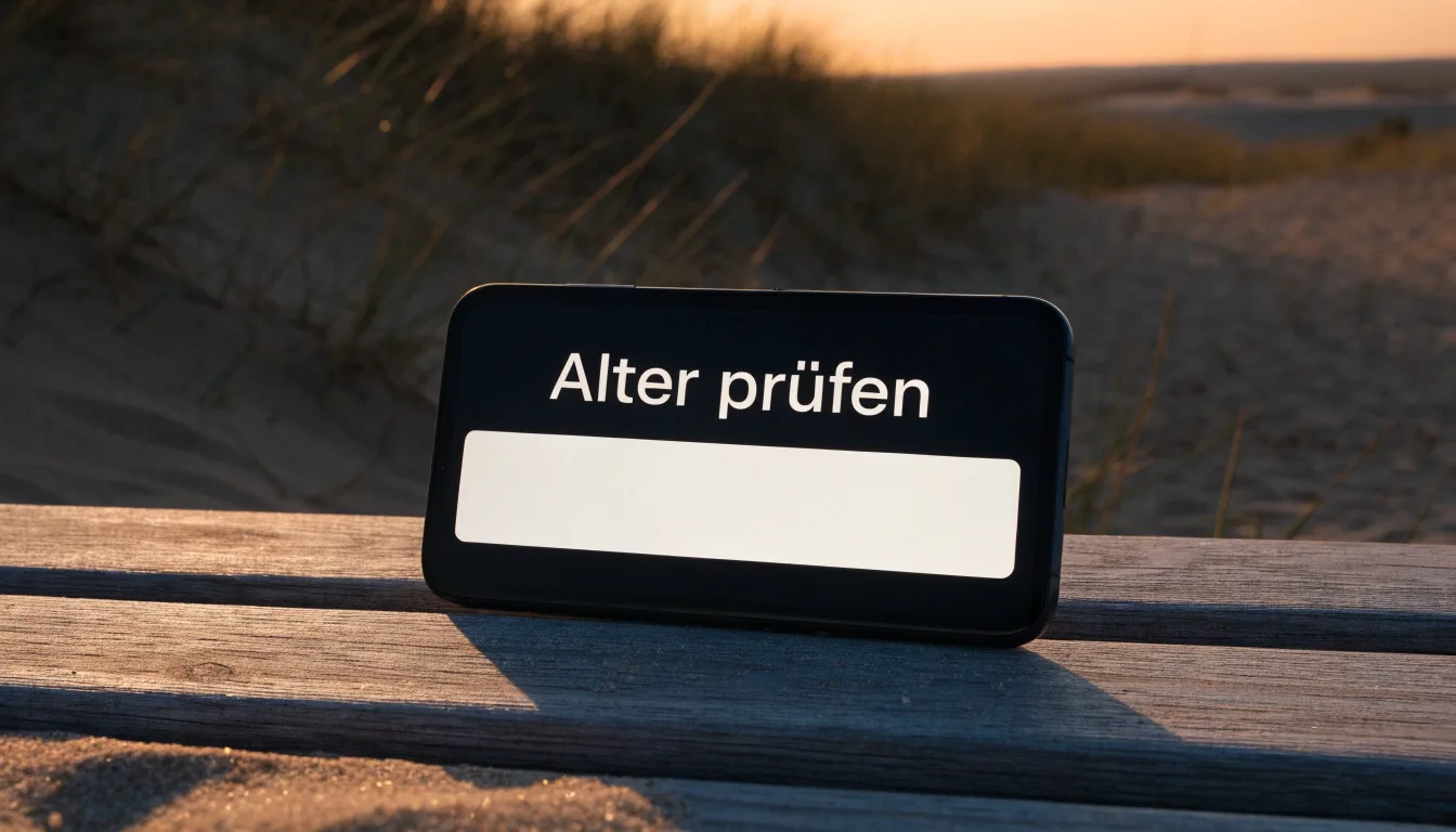 Spuren im Sand führen durch Dünengras auf den Horizont zu, die Sonne steht tief und färbt den Himmel orange.