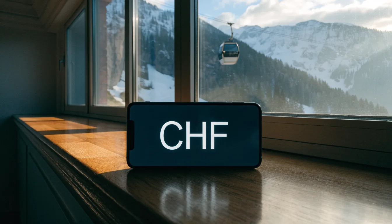 Eine Seilbahnkabine schwebt über einem verschneiten Tal, die Sonne bricht durch die Wolken und beleuchtet die Hänge.