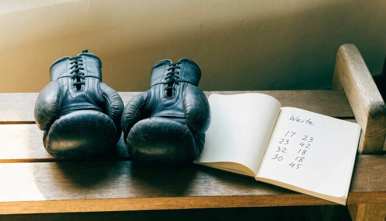 Ein Paar Boxhandschuhe aus Leder liegt auf einer Holzbank neben einem Notizbuch mit handgeschriebenen Zeilen, warmes Fensterlicht