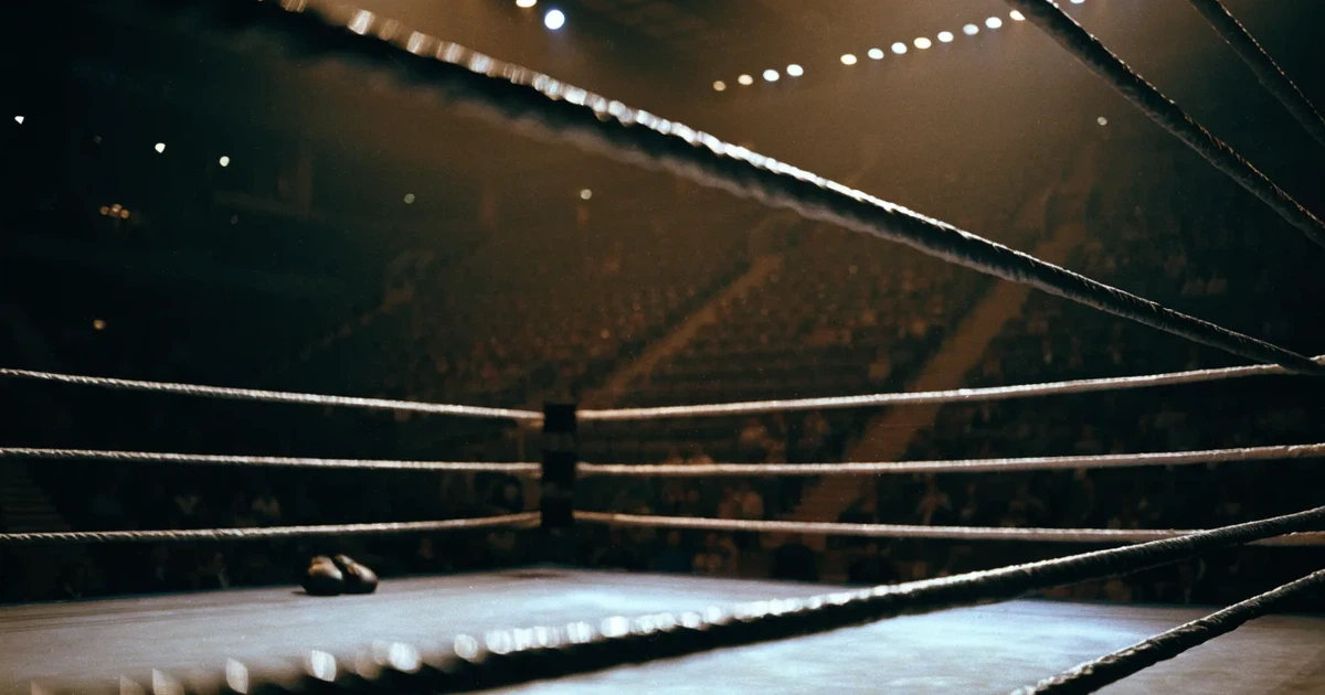 Ein leerer Boxring mit gespannten Seilen unter hellem Hallenlicht, dahinter ansteigende Zuschauerränge in einer grossen dunklen Halle