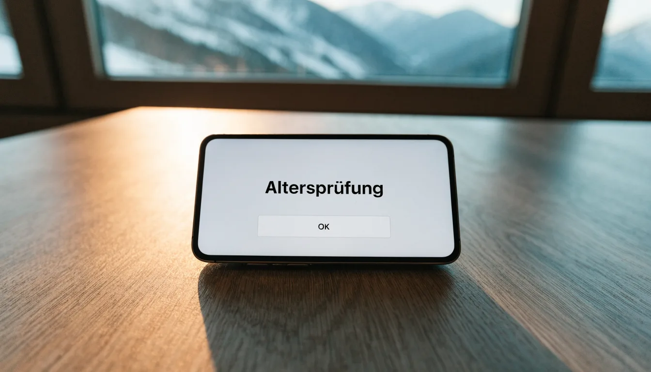 Ein Smartphone mit dunklem Bildschirm liegt auf einem Holztisch vor einem Fenster mit Blick auf schneebedeckte Gipfel