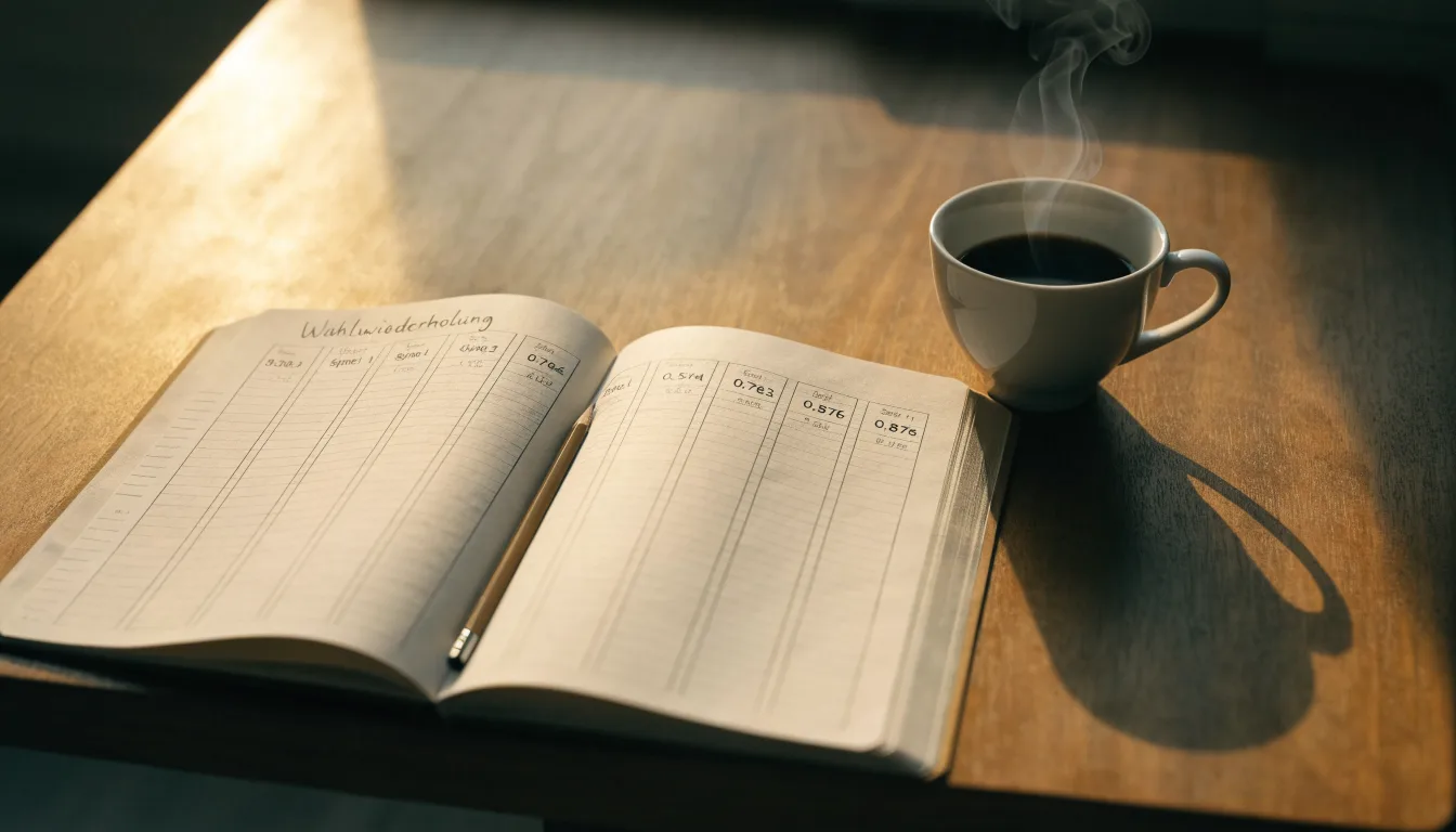 Ein aufgeschlagenes Notizbuch mit handgeschriebenen Spalten und ein Bleistift neben einer Tasse Kaffee auf einem Holztisch am Morgen
