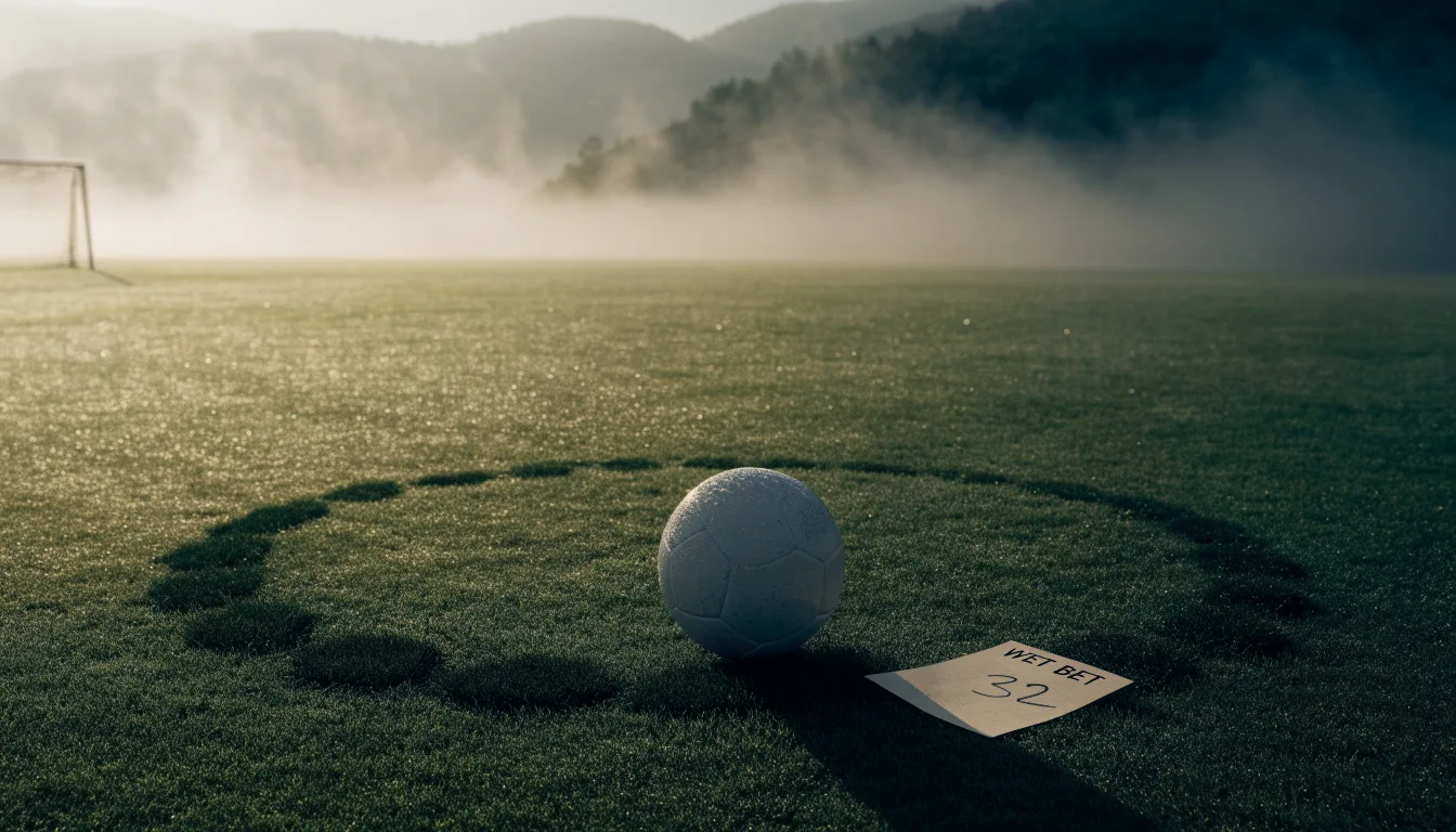 Ein einzelner Fussball auf dem Mittelpunkt eines leeren Rasens im Morgennebel, hinter dem Tor ragen Berge auf