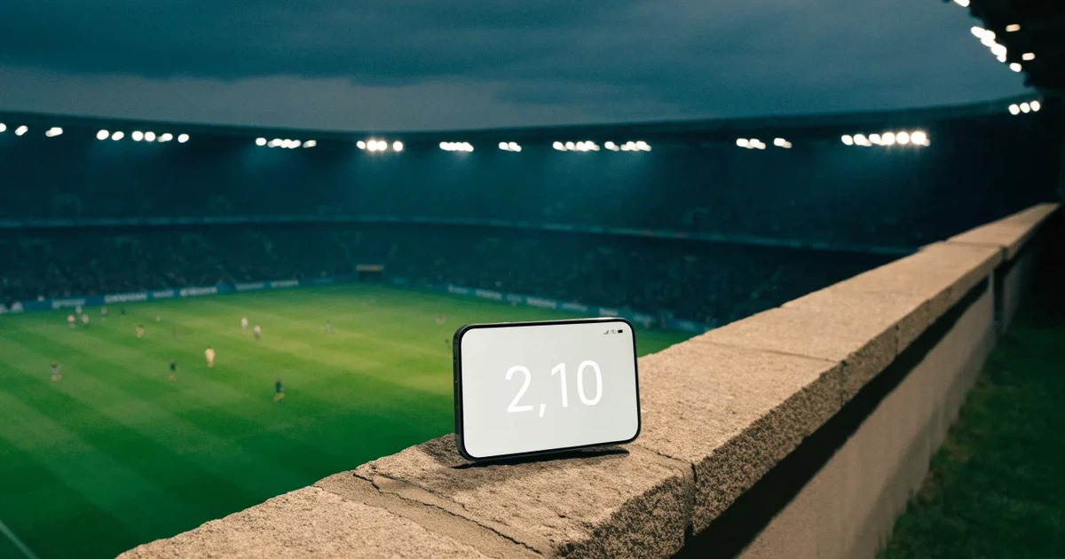 Ein Fussballstadion bei Flutlicht von einer Anhöhe aus gesehen, der Rasen leuchtet grün unter dunklem Abendhimmel