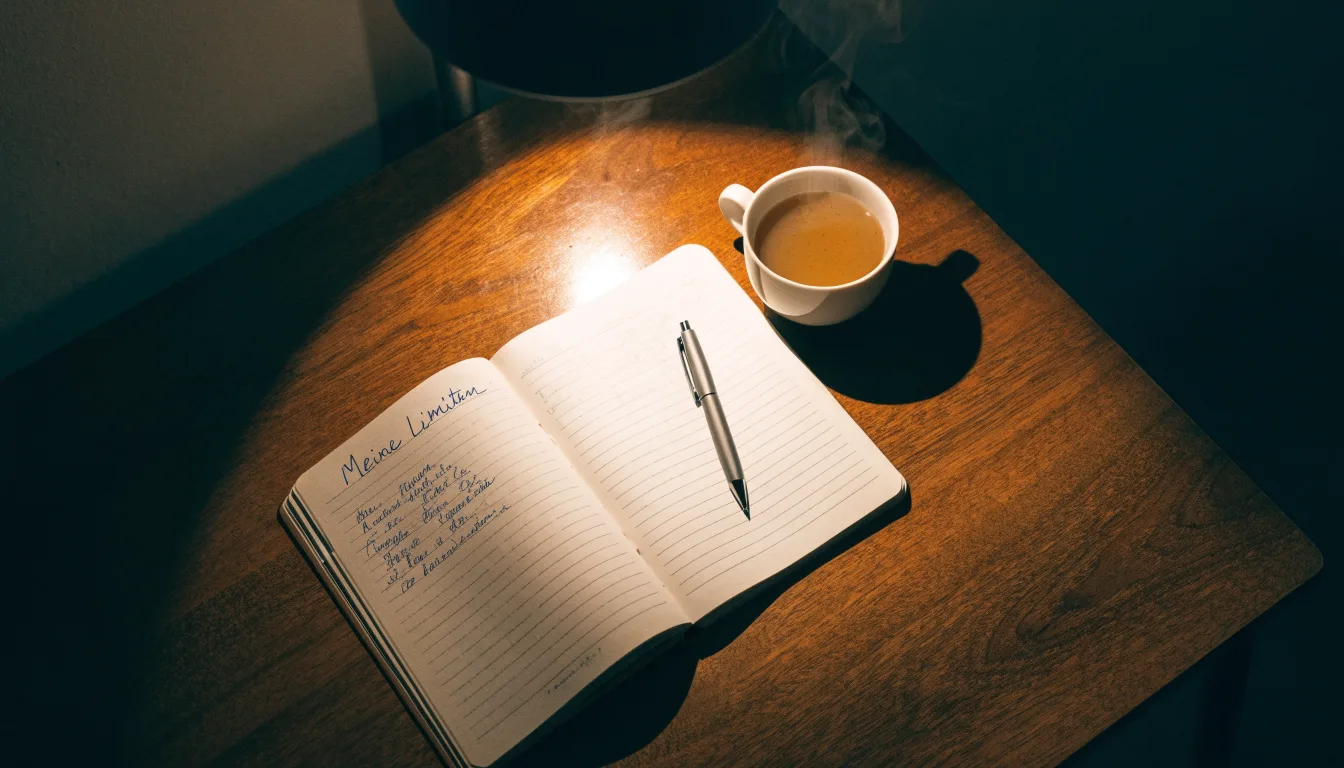 Ein Notizbuch mit handschriftlichen Einträgen und eine Tasse Tee stehen auf einem Tisch neben einer Stehlampe