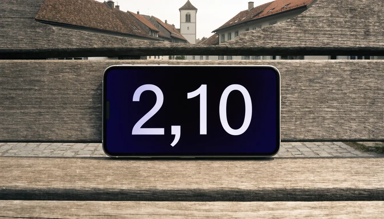 Ein Smartphone mit dunklem Display liegt auf einer Parkbank, dahinter ein Schweizer Dorf mit Kirchturm im Dunst