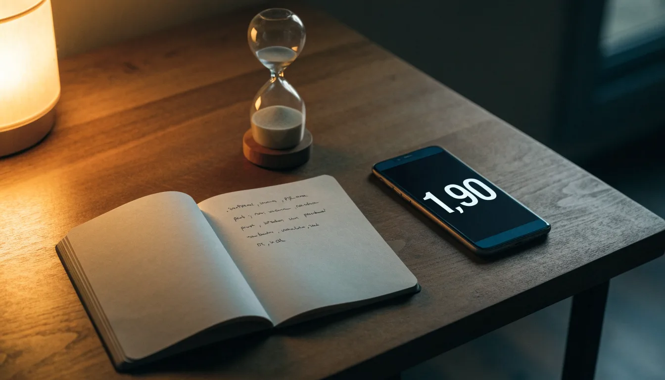 Eine Sanduhr steht auf einem Schreibtisch neben einem Notizbuch mit handschriftlichen Einträgen im Licht einer Lampe