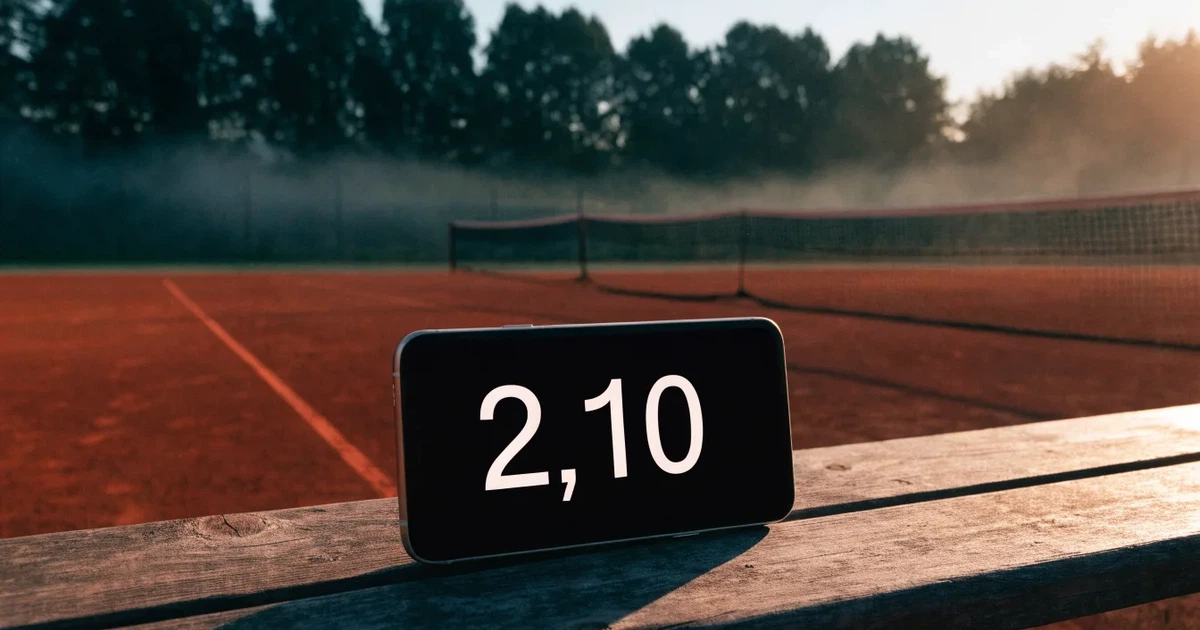 Ein Tennisplatz aus Sand bei Sonnenaufgang mit gespanntem Netz, Nebel zwischen den Bäumen am Rand