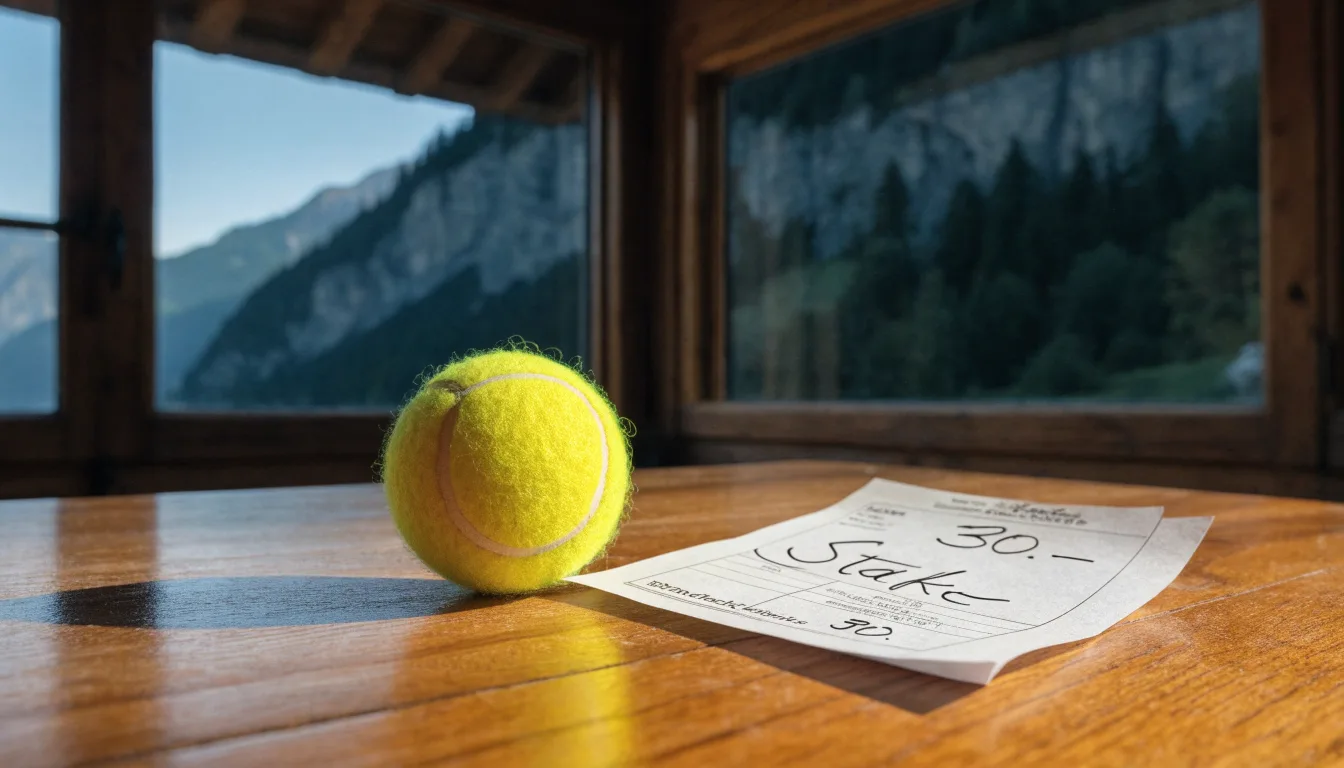 Ein einzelner gelber Tennisball liegt auf einem Holztisch vor einem Fenster mit Alpenblick