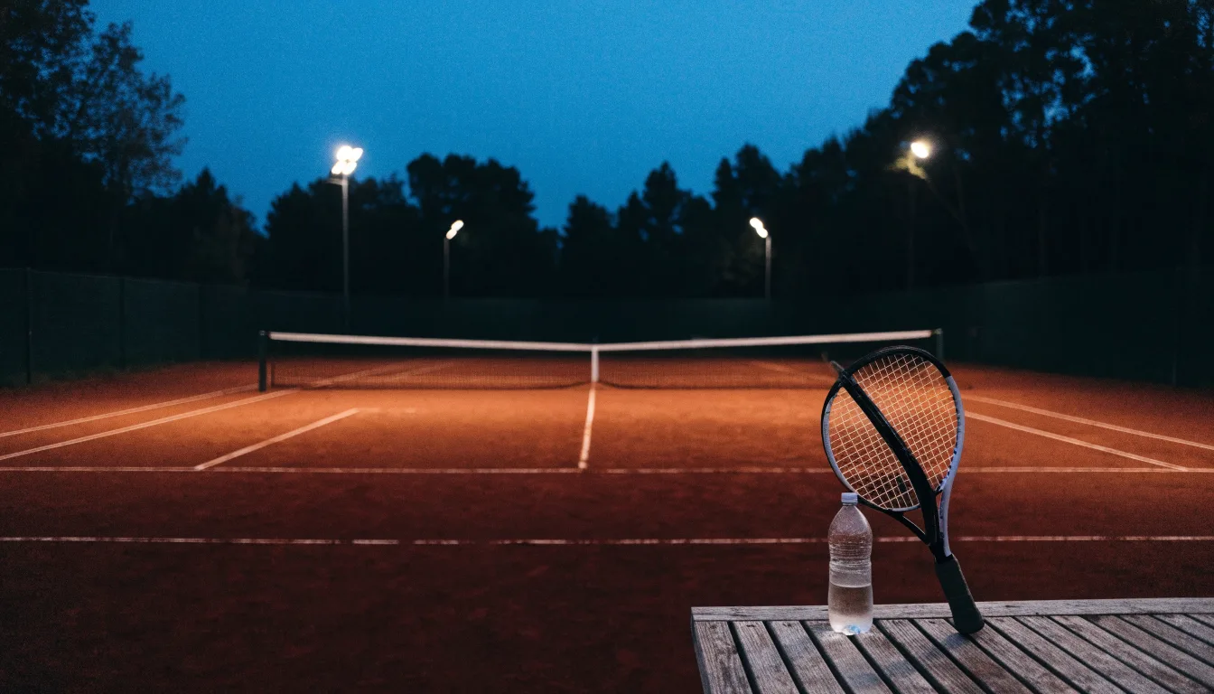 Ein Tennisschläger lehnt an einer Bank neben einer Wasserflasche, am Abend ruht der Platz im Flutlicht, aus der Ferne gesehen