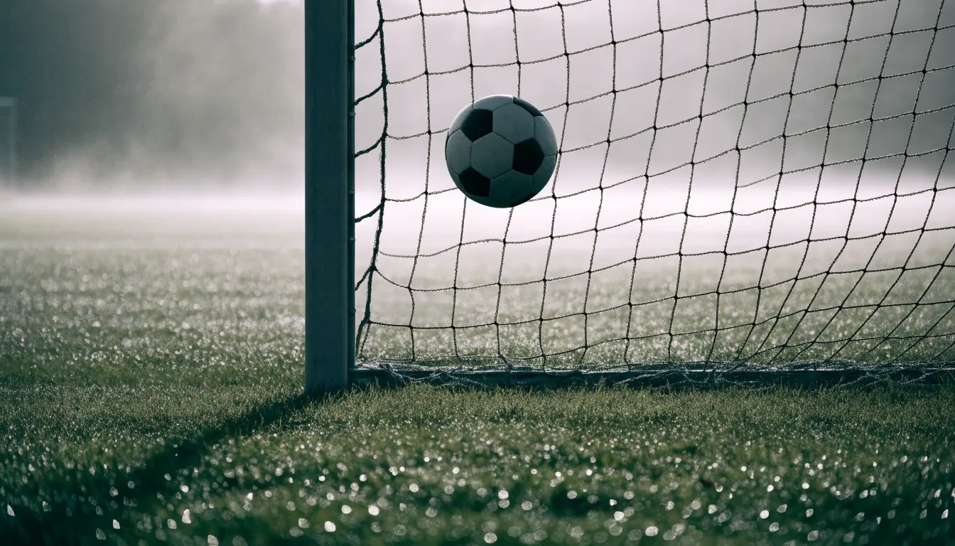 Ein Fussball liegt im Netz hinter einem Tor, weicher Morgennebel hängt über dem Rasen