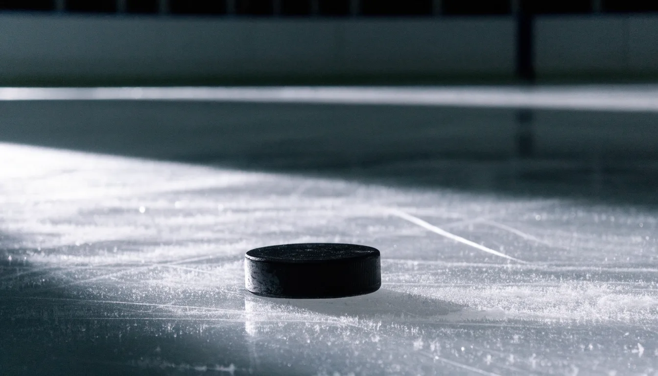 Ein Eishockeypuck liegt auf einer Eisfläche mit Kratzspuren, Nahaufnahme mit kühlen Reflexen