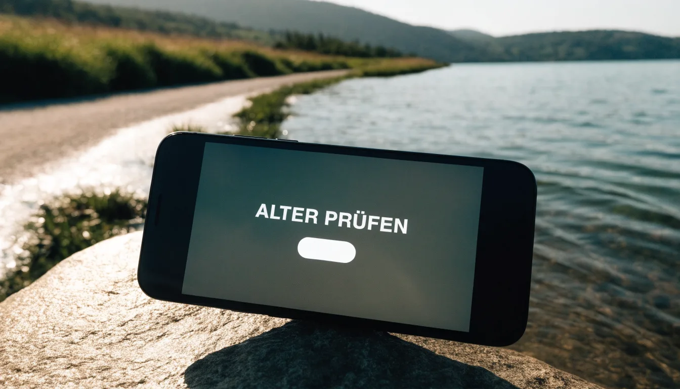 Ein schmaler Wanderweg führt am Seeufer entlang, auf einem Stein liegt ein Smartphone mit dunklem Display