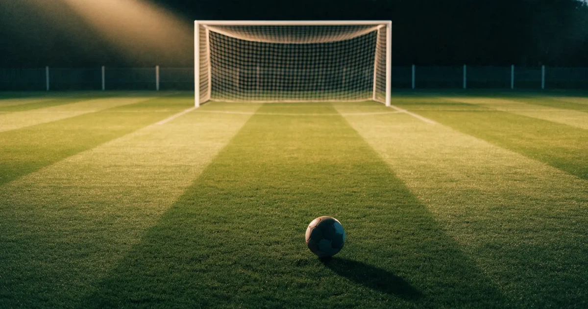 Ein Fussballtor mit weissem Netz steht auf frisch gemähtem Rasen, die hellen und dunklen Streifen im Gras leuchten im Gegenlicht.