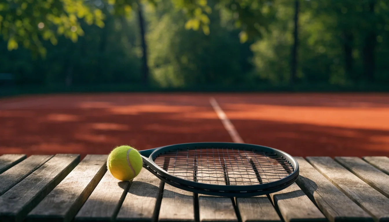 Ein Tennisball und ein Schläger ruhen auf einer Holzbank am Spielfeldrand, im Hintergrund hohe Bäume im Sommerlicht.