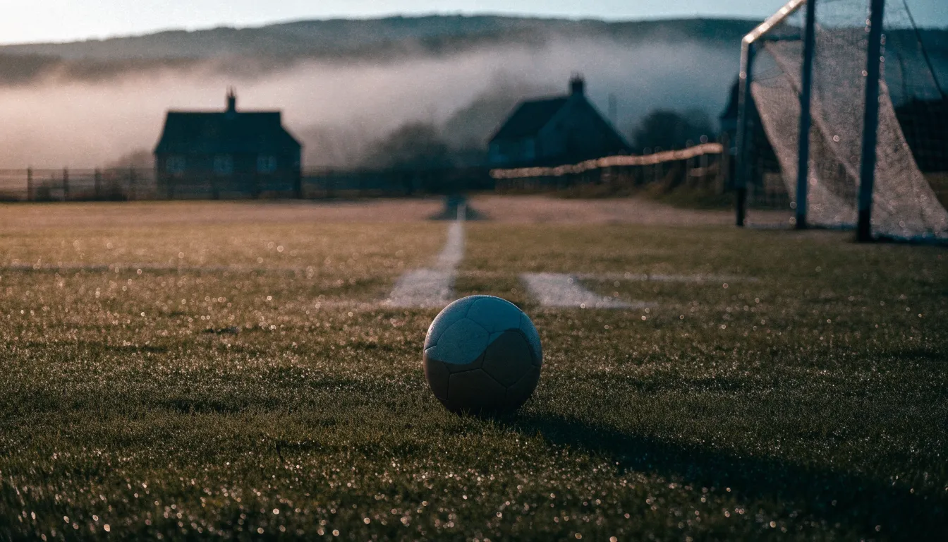 Ein Fussball liegt im Tau auf der Mittellinie eines Dorfplatzes bei Sonnenaufgang, der Rasen glitzert.
