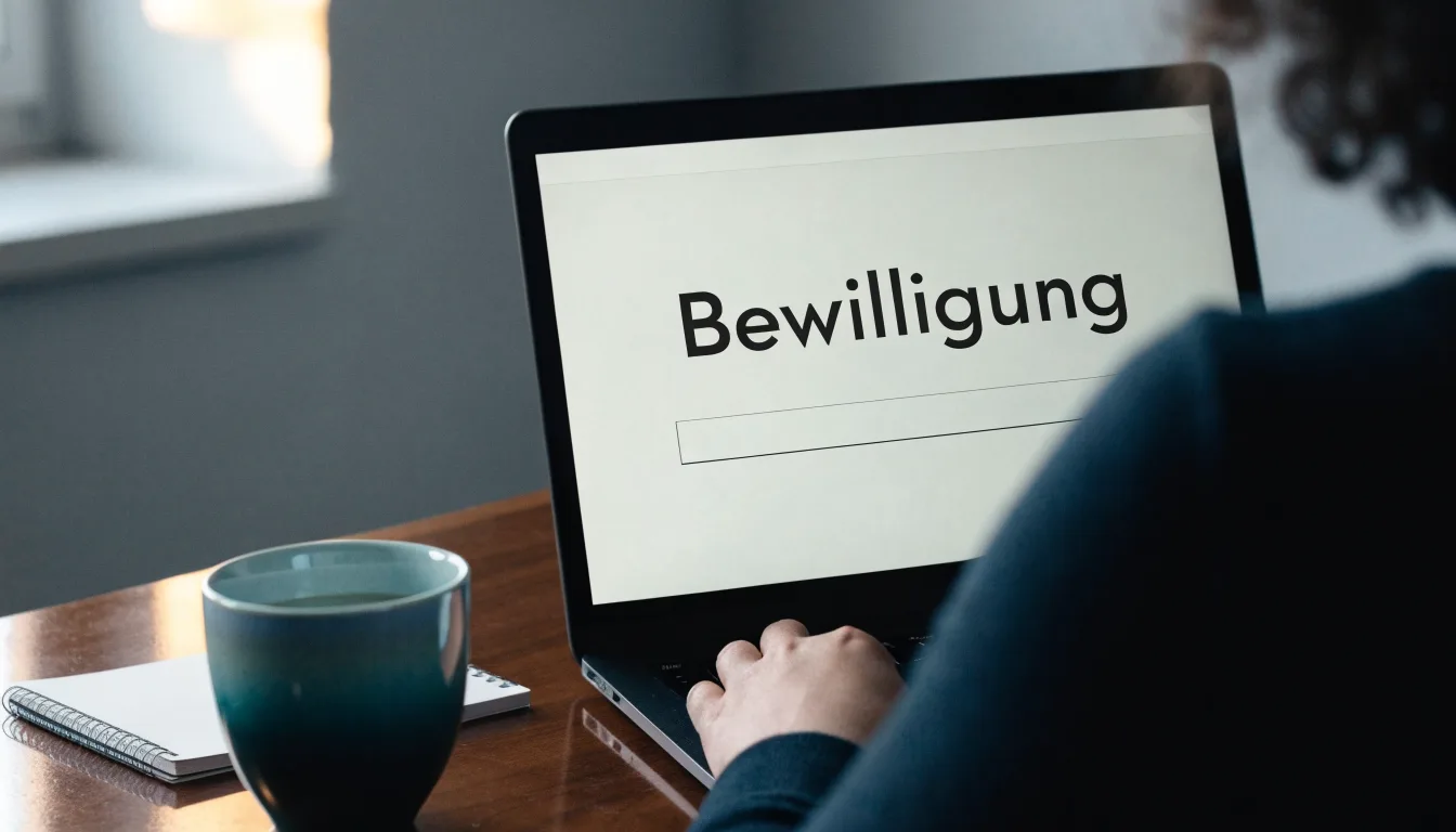 Eine Messingwaage steht auf einem dunklen Holzregal in einem ruhigen Raum, Staub tanzt im Licht.