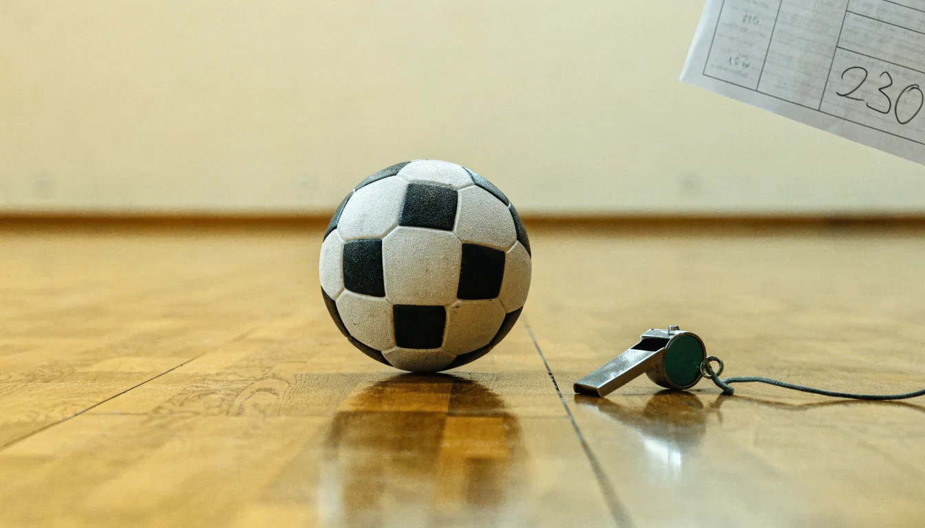 Ein kleiner, schwerer Ball liegt auf glattem Hallenparkett neben einer Trillerpfeife an einer Schnur.