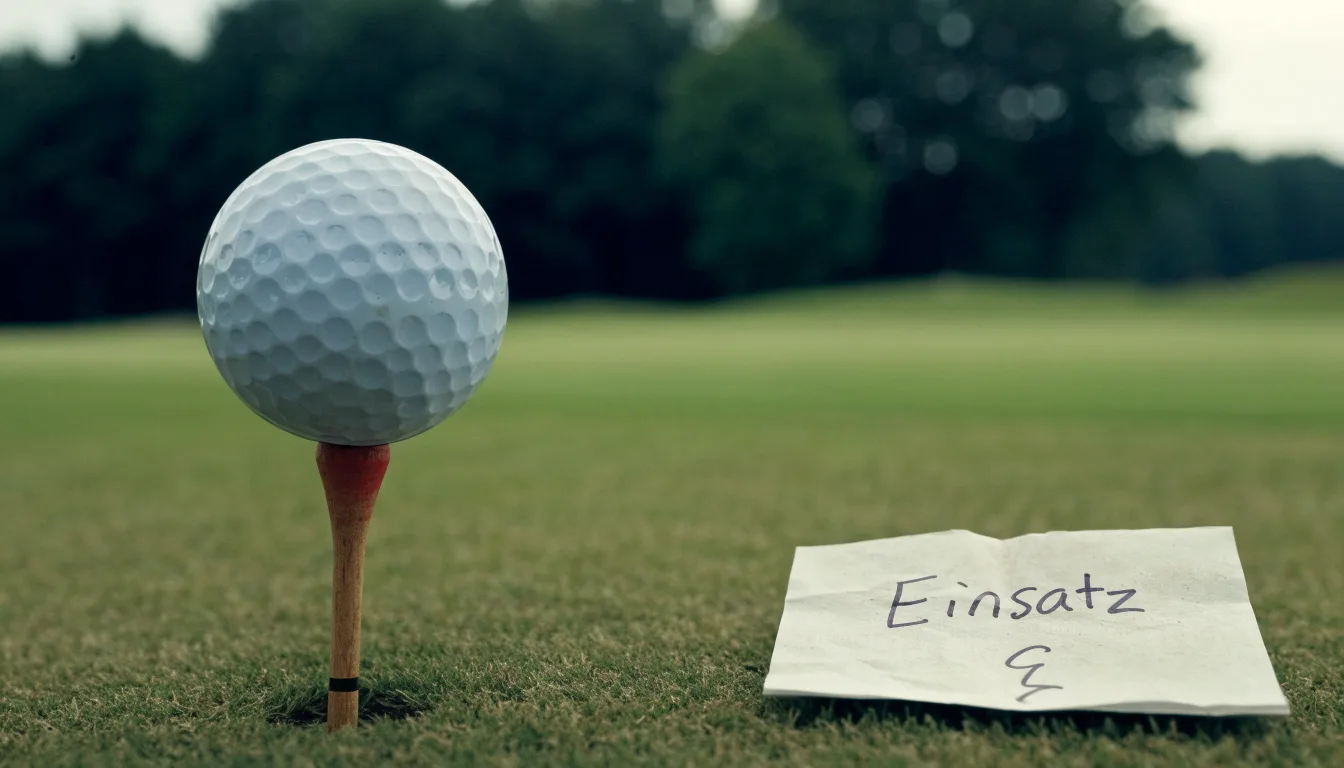 Ein Golfball liegt auf einem Holztee im Gras, scharf im Vordergrund, dahinter verschwimmt eine weite Wiese.