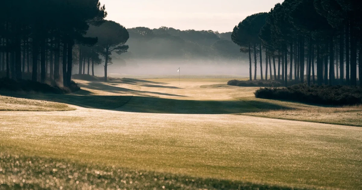 Ein weites Fairway zieht sich im Dunst des frühen Morgens zwischen Föhren hin, Tau liegt auf dem kurzen Gras.