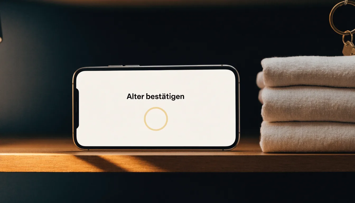 Ein Schlüsselbund liegt auf einem Holzregal neben einem Stapel gefalteter Handtücher, das Licht ist warm.