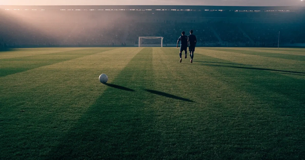 Ein Fussballplatz im Abendlicht mit langen Schatten der Torpfosten, die Rasenfläche leuchtet gelblich.