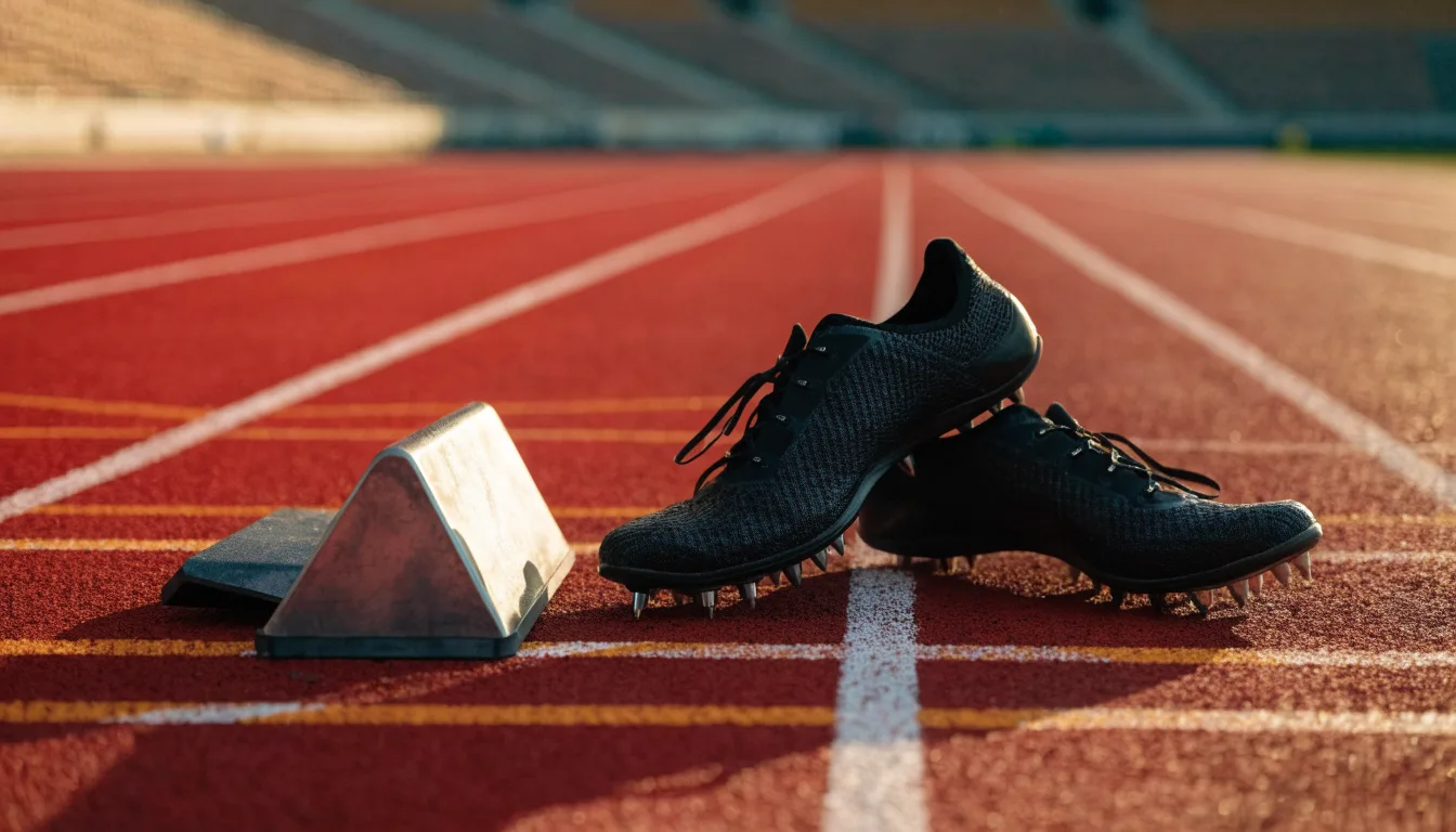 Ein Paar Laufschuhe mit Spikes liegt auf einer Tartanbahn neben einem Startblock, die Linien verlaufen in die Ferne.