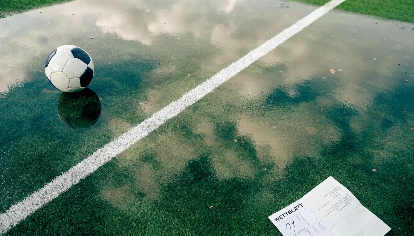 Ein Fussball liegt auf nassem Kunstrasen neben einer weissen Linie, Pfützen spiegeln den Himmel.