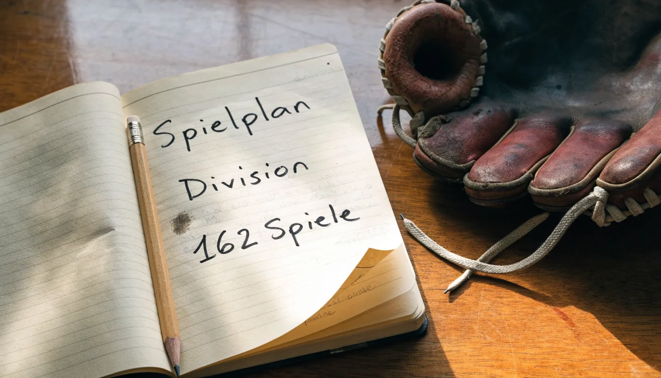 Ein aufgeschlagenes Notizbuch mit handgeschriebenen Notizen und ein Bleistift liegen auf einem Holztisch neben einem abgegriffenen Baseballhandschuh.
