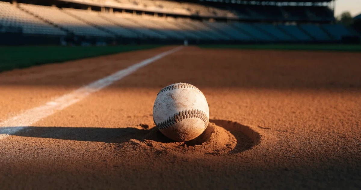 Ein weisser Baseball liegt auf rotbraunem Sand neben der Grundlinie eines leeren Stadions im warmen Abendlicht, die Ränge sind verlassen.