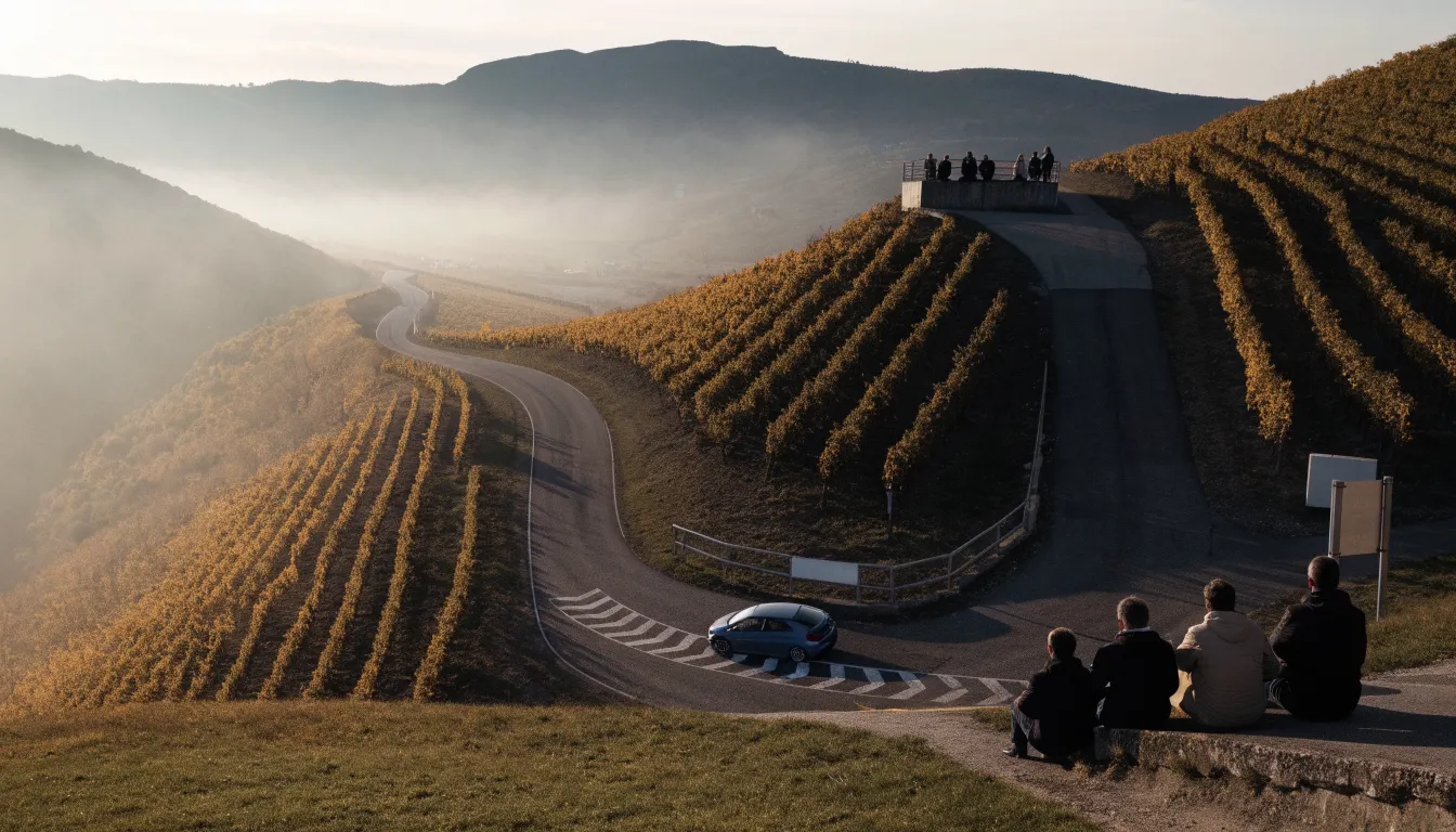 Eine Rennstrecke aus der Ferne zwischen Weinbergen und einer Bergkette, Dunst liegt am frühen Morgen über dem Asphalt.