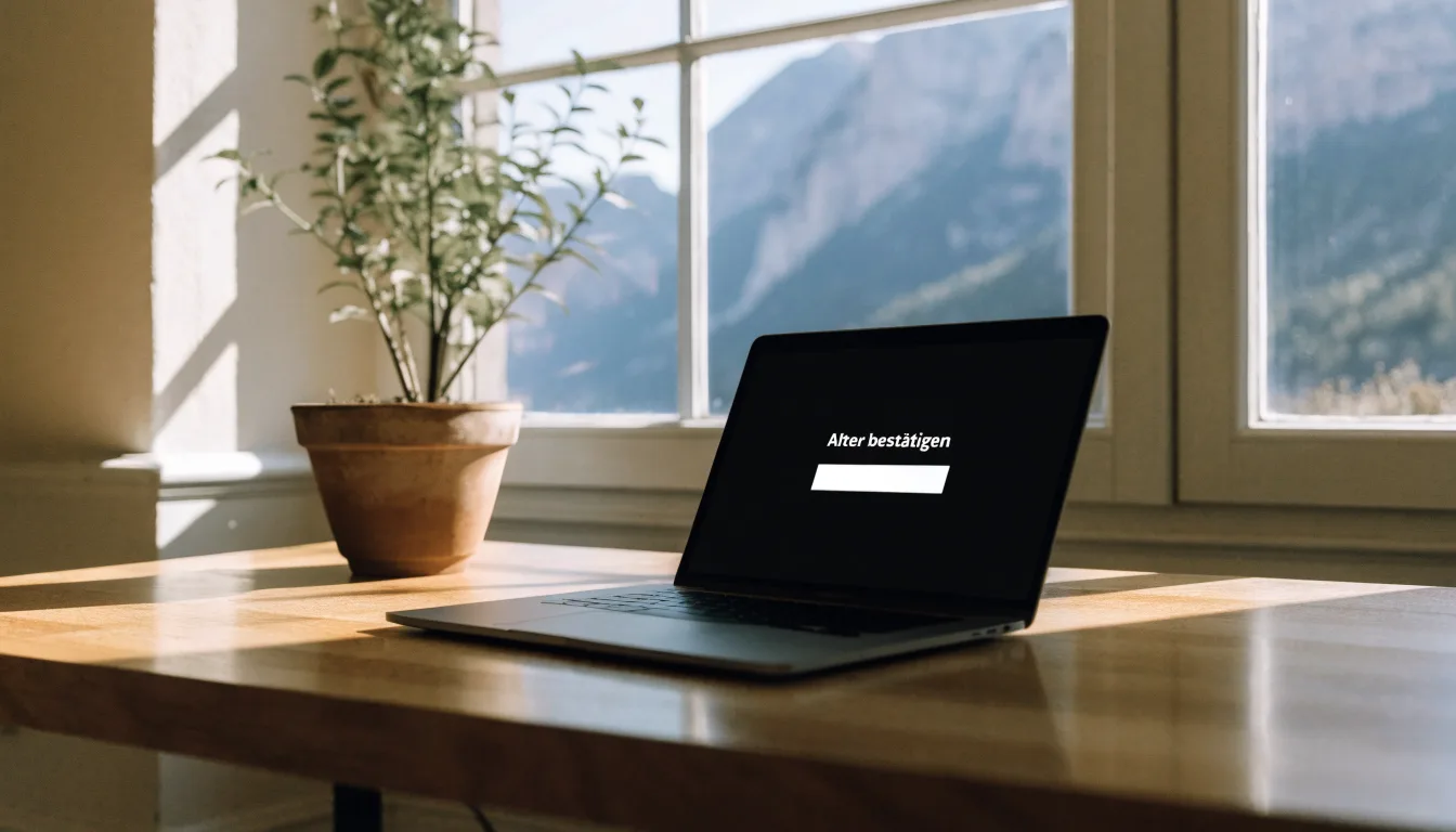 Ein Schreibtisch mit einem geschlossenen Laptop und einer Zimmerpflanze vor einem Fenster mit Blick auf eine Bergkette im Morgenlicht.