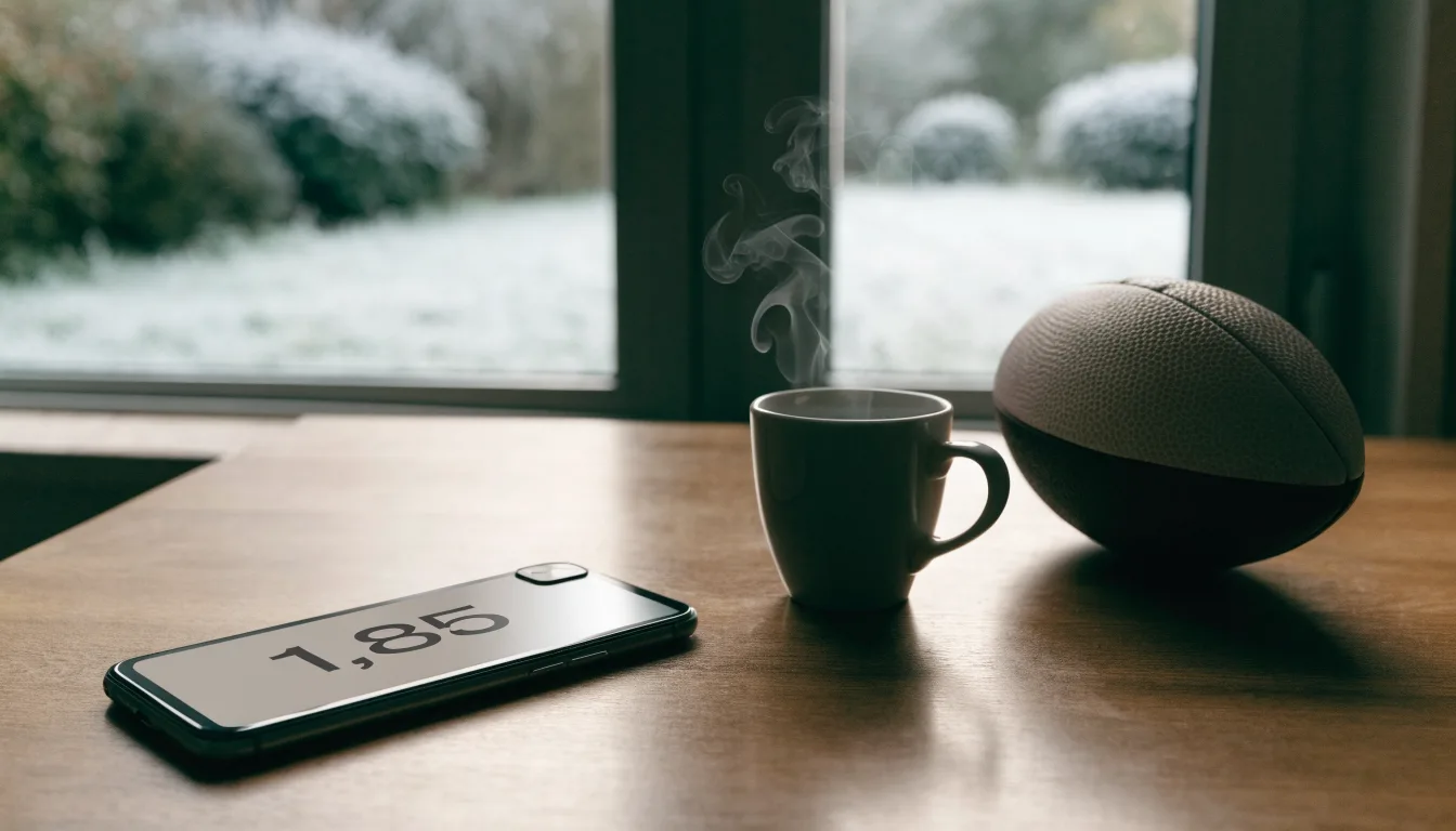 Ein Kaffeebecher und ein Football stehen auf einem Küchentisch am Morgen, durch das Fenster sieht man einen Garten mit Raureif.
