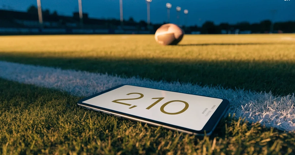 Ein ovaler Football liegt auf frisch gemähtem Rasen neben einer weissen Linie, im Hintergrund stehen leere Flutlichtmasten im Abendlicht.
