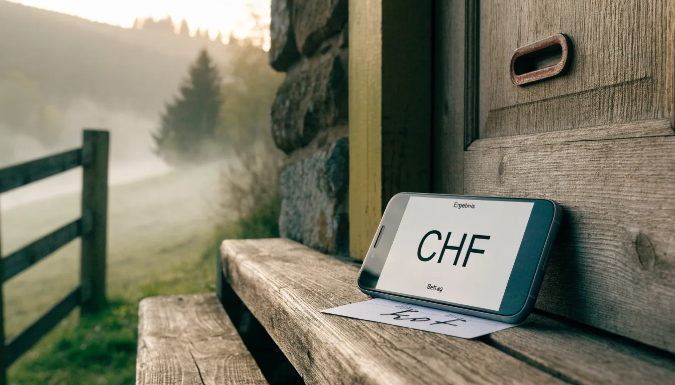 Ein Briefkasten an einem Holzzaun vor einem Bauernhaus in einer Hügellandschaft, auf den Wiesen liegt Frühnebel.