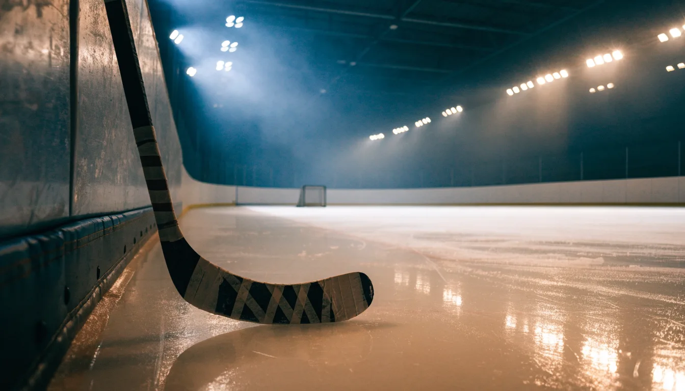 Ein Eishockeyschläger lehnt an der Bande, in der Ferne liegt die hell beleuchtete Eisfläche einer Halle unter Flutlicht.