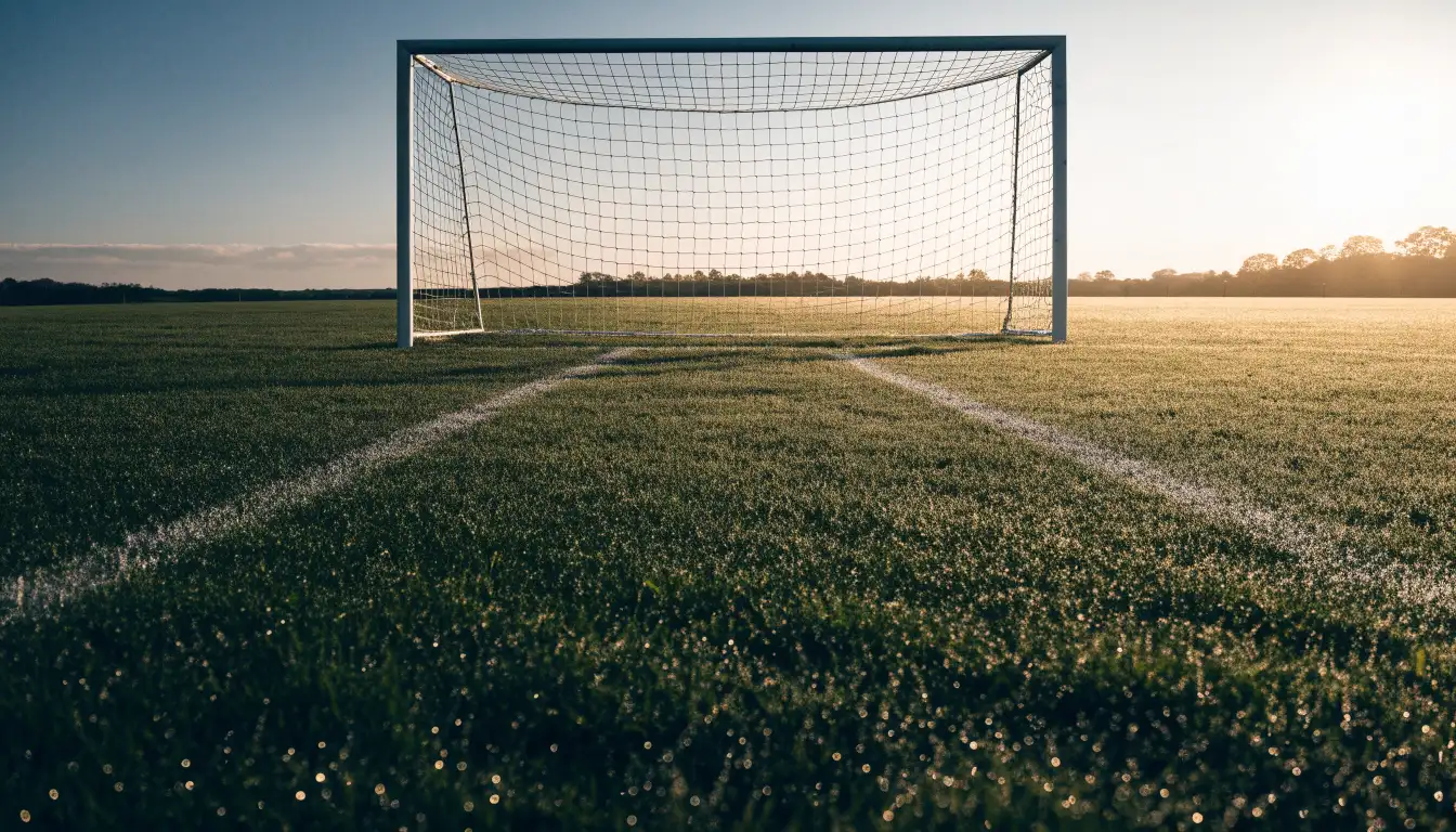 Ein Fussballtor mit Netz in der Totalen auf einem leeren Platz, Tau glänzt im Gras und die Morgensonne steht tief.