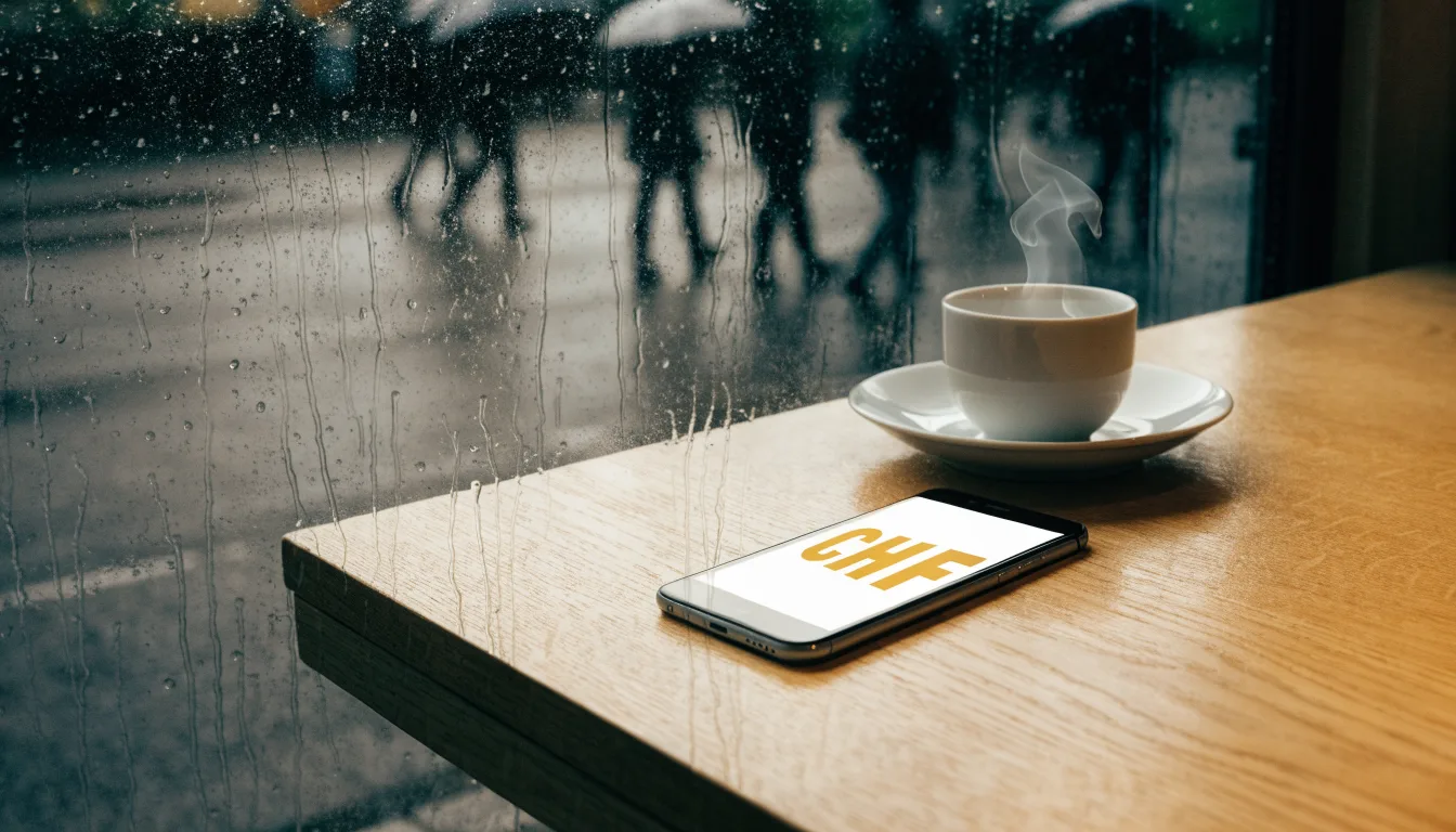 Ein Café-Tisch am Fenster mit einer Teetasse, draussen ein nasser Gehweg und Passanten mit Regenschirmen in unscharfer Ferne.