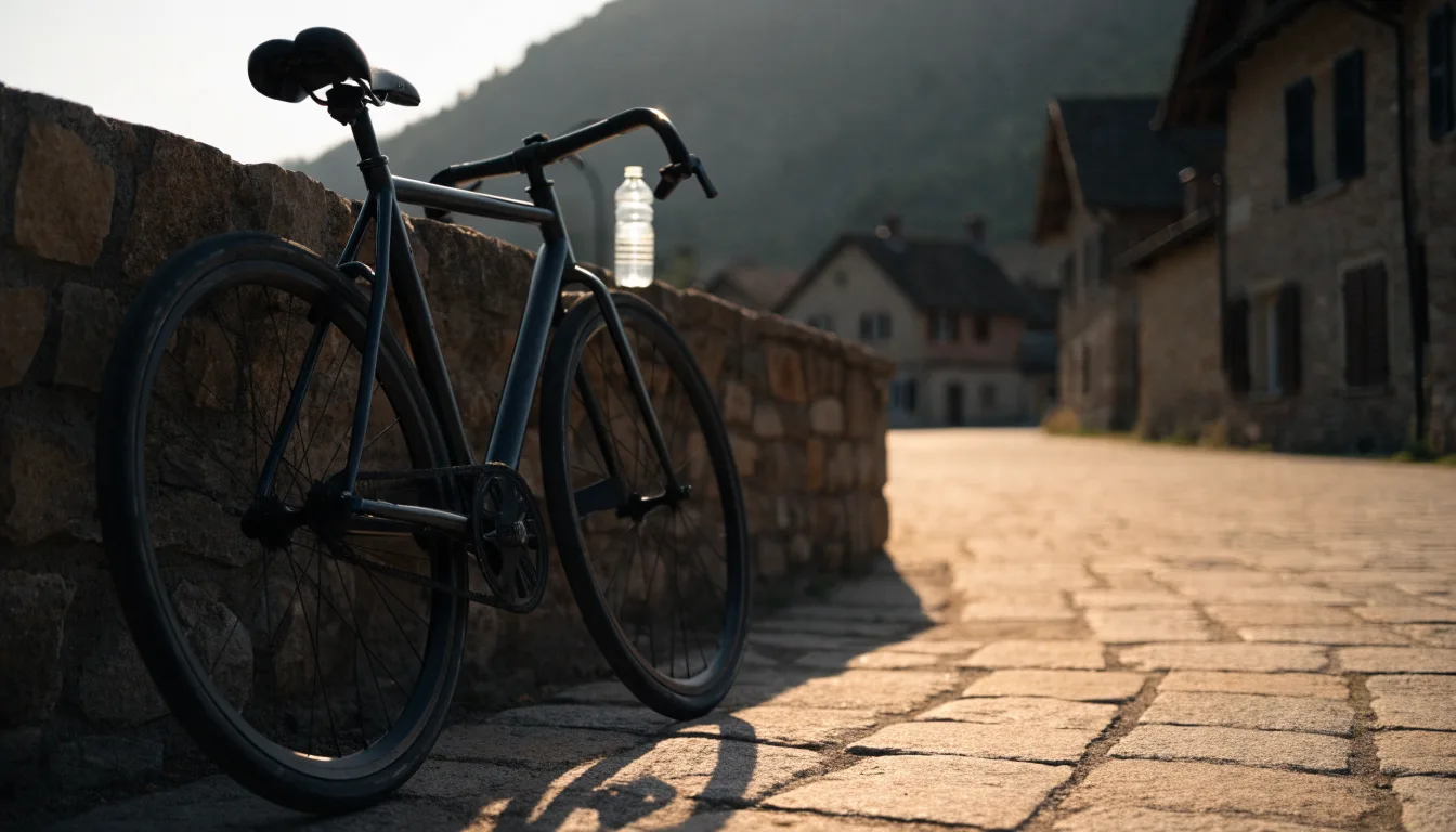 Ein Rennrad lehnt an einer Steinmauer am Rand eines Dorfplatzes, daneben eine Trinkflasche im ersten Sonnenlicht.
