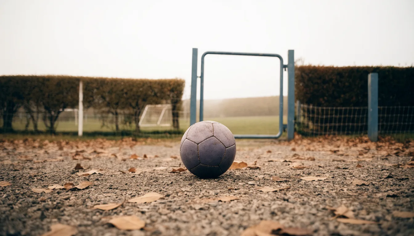 Ein abgenutzter Fussball liegt auf einem Kiesweg neben dem Eingang eines Vereinsplatzes, Laub liegt auf dem Boden.
