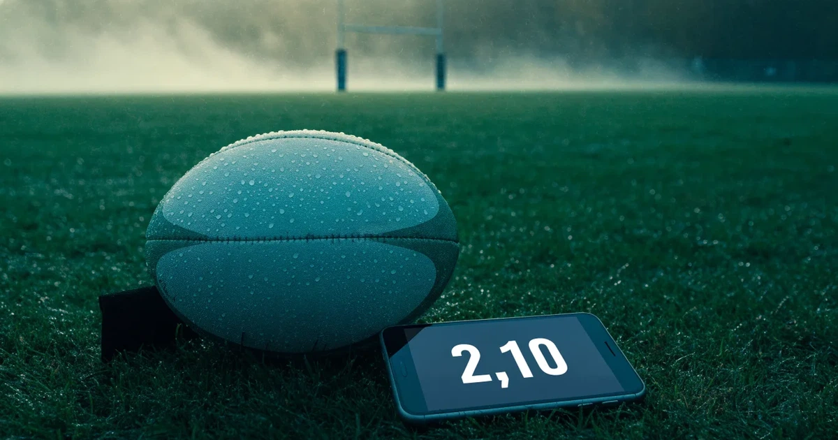 Ein ovaler Rugbyball liegt auf feuchtem Rasen vor zwei hohen Torstangen, hinter dem Spielfeld steigen Nebelschwaden auf.
